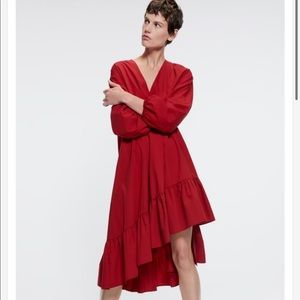 Zara Red Poplin‎ Dress in XS V Neck Long Sleeve